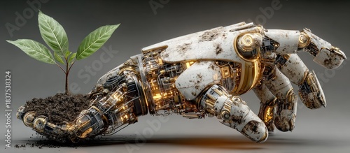 A robotic hand holds soil with a growing plant, symbolizing nature and tech
