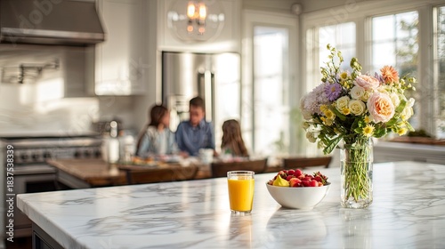 Beautiful kitchen interior with white marble countertop and family in background