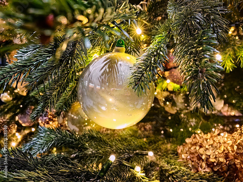 The image shows a close-up of a festive Christmas tree branch with a delicate, frosted glass bauble hanging among the green needles, illuminated by soft golden lights, typical symbol  of Christmass