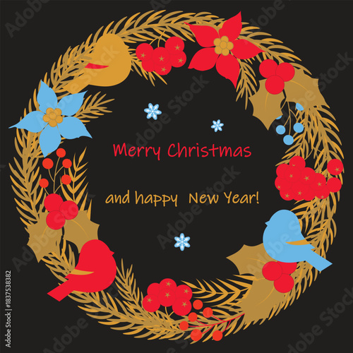 A Christmas wreath made of fir branches, decorated with poinsettia flowers, holly berries, rowan twigs, and bullfinches on a black background. Merry Christmas card. Color vector illustration.