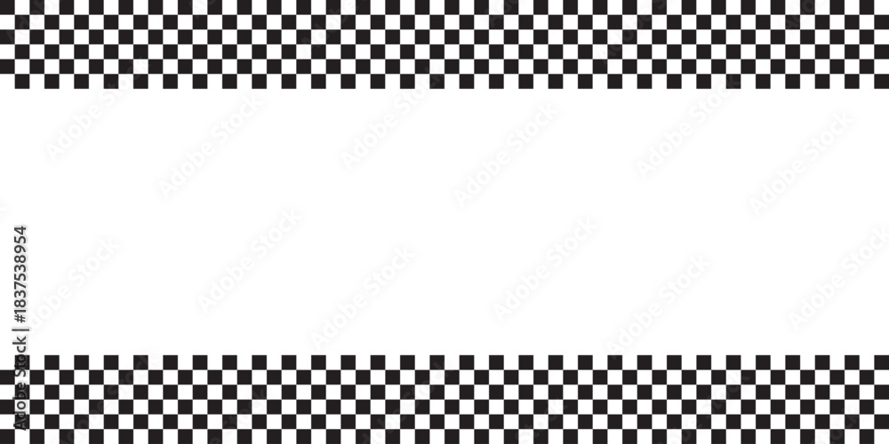 Naklejka premium Top and bottom borders with rally flag or chess board print. Checkerboard or rally sport car competition background with empty space. Black and white checkered pattern. Vector graphic illustration