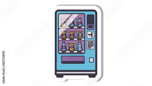Retro Pixel Art Vending Machine With Assorted Beverages On Shelves Inside A Blue and Purple Cabinet Under Soft Lighting