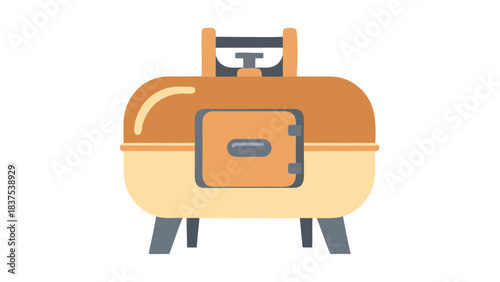 Retro Style Propane Gas Tank Grill with Attached Lid Handle and Small Door on Gray Legs Minimalist Design Isolated on Black Background