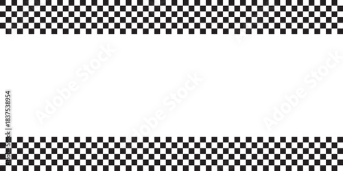Top and bottom borders with rally flag or chess board print. Checkerboard or rally sport car competition background with empty space. Black and white checkered pattern. Vector graphic illustration