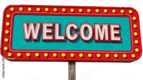Retro Welcome Sign With Red Marquee Lights And Turquoise Background In Vintage Style With A Rustic Feel And Warm Illumination