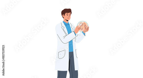 Scientist in lab coat examining a sample with focused attention and precision.