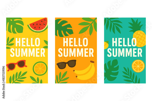 Summer vibes flat icon set. featuring watermelon, banana, sunglasses, pineapple, orange, and tropical leaves