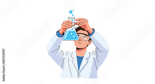 Scientist in lab coat examining chemical liquid in a flask for research.