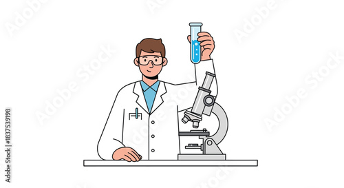 Scientist in lab coat examining a test tube with a microscope for research.