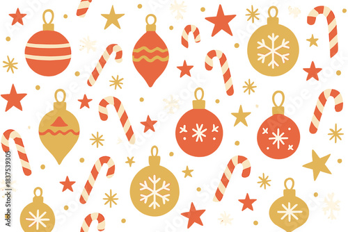 Christmas decorations flat icon set. featuring ornaments, stars, snowflakes, candy canes, and baubles