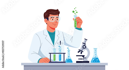Scientist in lab coat examining test tube with chemicals for research.