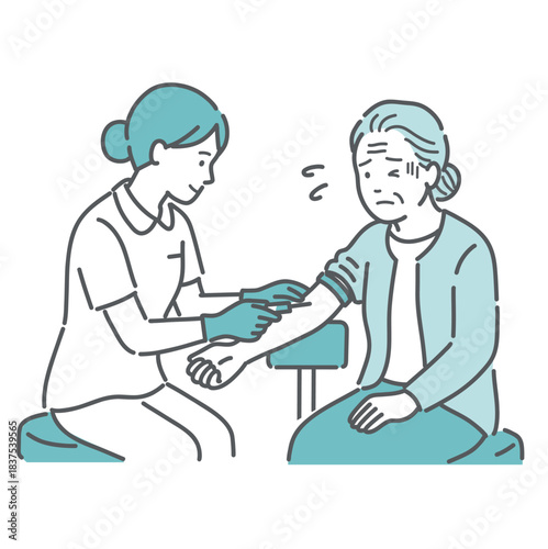 採血・注射に緊張・不安を感じる高齢女性の患者イラスト