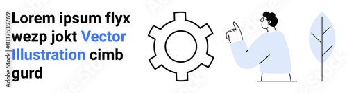 Gear representing settings, person gesturing an idea, blue leaf for creativity, text for content space. Ideal for teamwork, innovation, settings, creativity, explanation tech guide simple landing