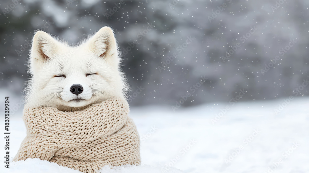 Naklejka premium Smiling white fox in knitted scarf in snowy landscape