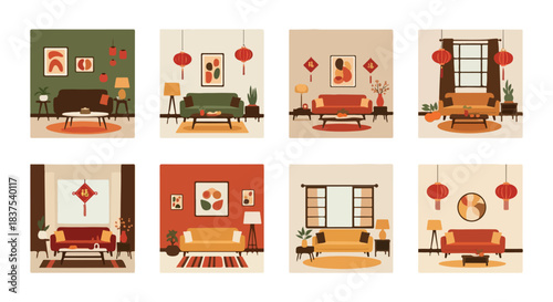 Living room interiors with Chinese New Year decorations