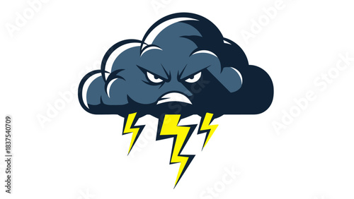 An angry cartoon storm cloud with a menacing face and yellow lightning bolts striking down, symbolizing bad weather.