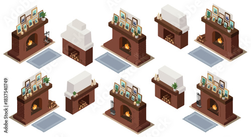 Various fireplace styles with rugs and decorations
