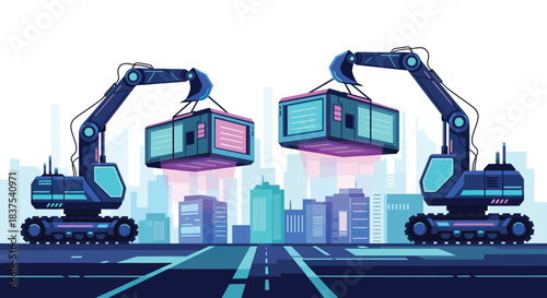 Two industrial excavators lifting containers in a city transportation concept.