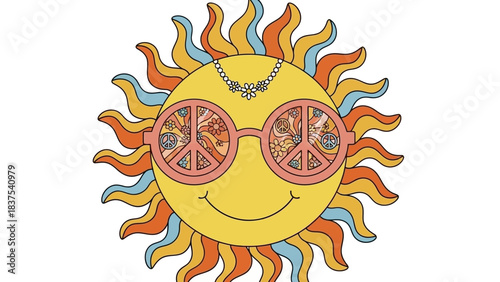 Groovy retro sun illustration with peace sign sunglasses and colorful rays, evoking a cheerful 70s vibe.