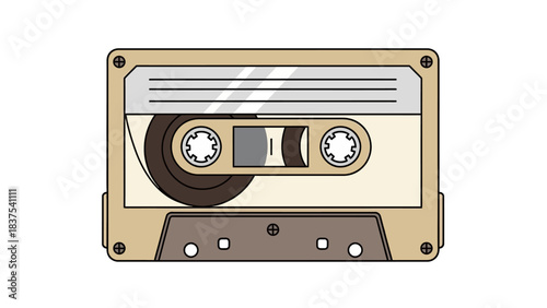 A detailed illustration of a vintage audio cassette tape with beige casing and visible reels, representing retro music technology and nostalgic sound recording.
