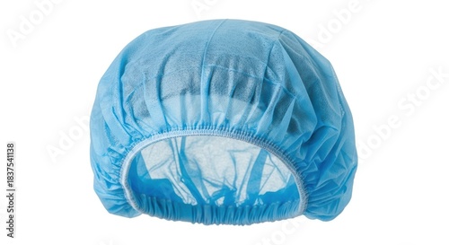 Blue disposable hair cover on white background.