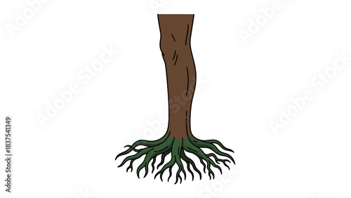 A simple illustration depicting the lower section of a tree trunk with its extensive root system visible below ground.