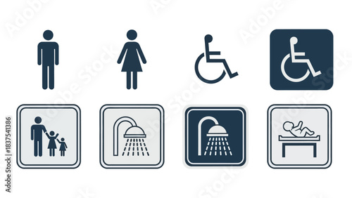 A collection of eight public facility signs including male, female, disabled access, family, shower, and baby changing symbols.