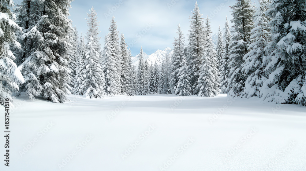 Fototapeta premium Fresh snow winter forest with sunlit frosted pine trees and serene mood