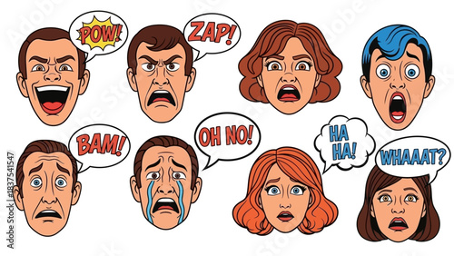 A vibrant vector illustration depicting a diverse set of cartoon faces expressing a wide range of human emotions and reactions, each with a comic-style speech bubble.