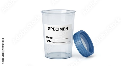 Empty medical specimen cup with blue lid