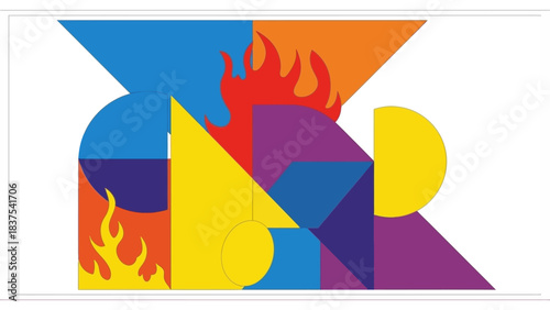 Abstract geometric composition with colorful shapes and stylized flames creating a dynamic visual design.