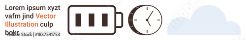 Energy management, time efficiency, environmental awareness, renewable resources, digital usage, work productivity. Battery icon, clock and cloud shape. Energy management and time efficiency