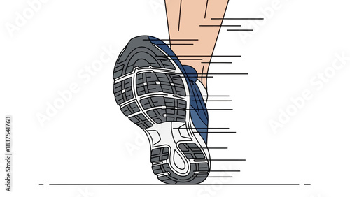 Detailed illustration of a running shoe sole with a foot and leg, depicting motion and speed.