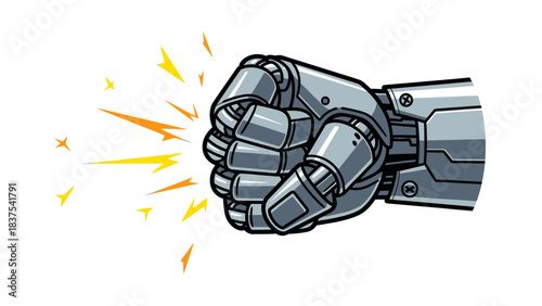 A detailed illustration of a metallic robot fist punching with energetic sparks.
