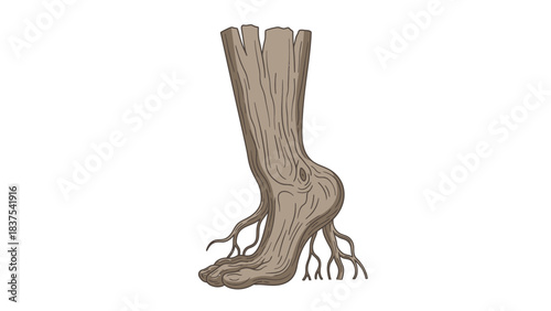 A creative illustration depicting a human leg and foot transformed into a wooden tree trunk with roots.