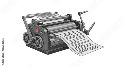 Vintage printing press machine with paper output detailed mechanical design.