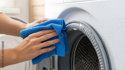 Person cleaning the rubber seal of a front load washing machine with a blue cloth.