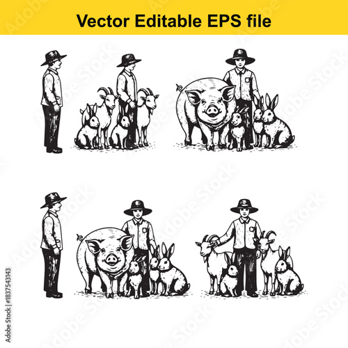  farmer with farm animals illustration isolated on white