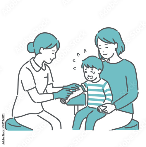 採血・注射を嫌がり泣く男の子と付き添う母親（小児科）