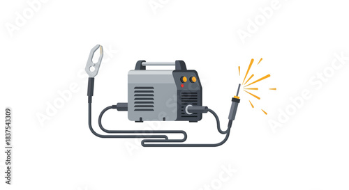 Welding machine illustration with sparks and connected cables ready to work.