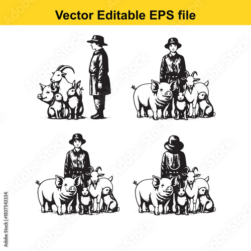  farmer with farm animals isolated on white