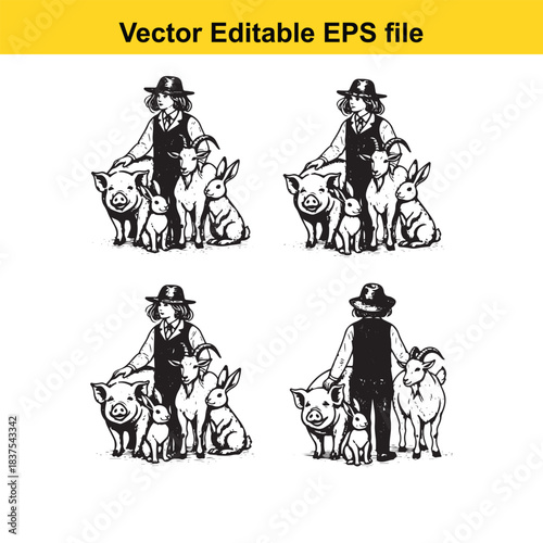  farmer with animals illustration isolated on white