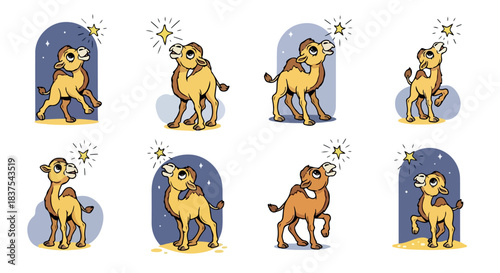 Camel characters gazing at stars in various poses