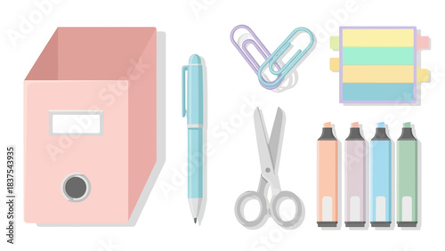 Desk supplies pink box pen clips scissors sticky notes and markers
