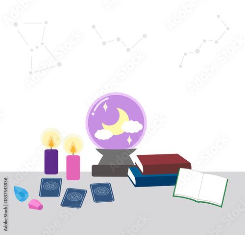 占いのイラスト素材（水晶玉・ろうそく・タロットカード・本・星座背景）