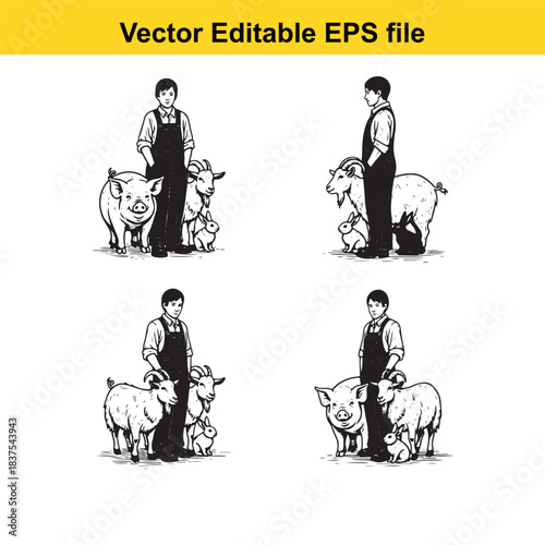  farmer with farm animals isolated on white