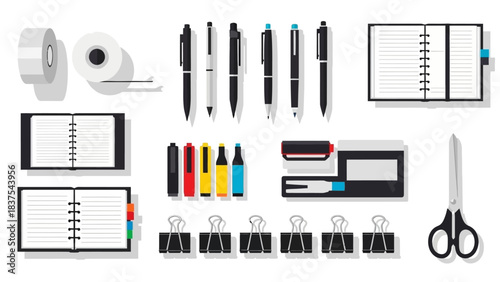 Desktop arrangement pens notebooks tape binder clips scissors