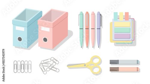 Desktop view stationery incl files pens paper clips notes scissors and markers