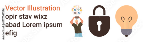 Creativity, cybersecurity, ideas, innovation, data safety, intellectual concepts. Human holding connected icons, locked padlock lightbulb symbol. Creativity and cybersecurity conceptually