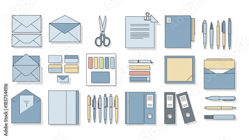 Illustration of office supplies paper envelopes pens scissors file folders and sticky notes